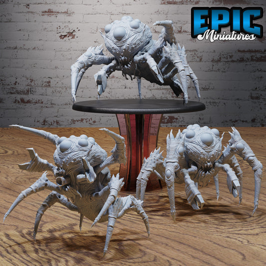 Set of Brain Collector Huge monster miniatures with spider-like bodies, bulbous eyes, and menacing poses, designed for use in Dungeons & Dragons, Pathfinder, and other fantasy RPGs.