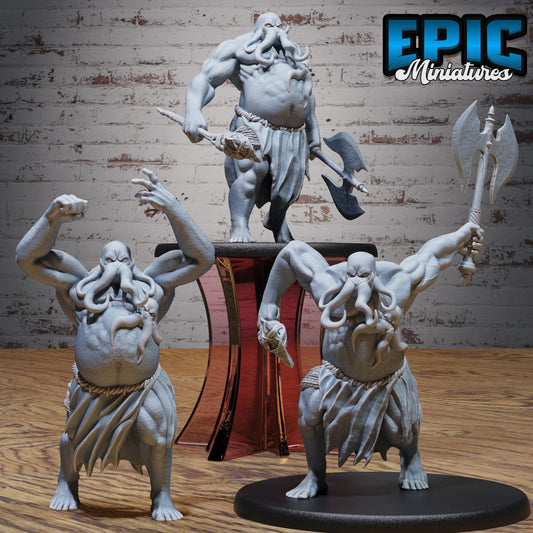 Set of three Mind Colossus miniatures on large 51mm bases, featuring roaring, attacking, and marching poses, ideal for D&D and Pathfinder boss battles.