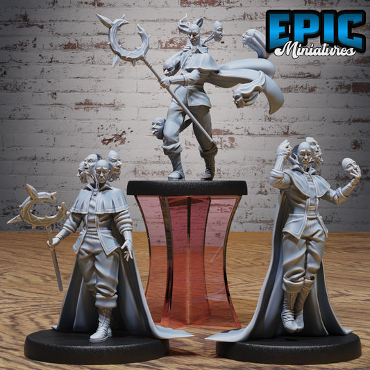 Group of Emotion Master miniatures featuring alternate poses, including staff-wielding stance, dynamic attack with flowing cape and masks, and floating form conjuring psychic illusions. Medium aberration designed for Dungeons & Dragons, Pathfinder, and dark fantasy TTRPG encounters.