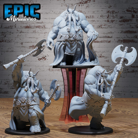 Elder Tusk Loxodon Mind Flayer miniatures in multiple poses, including charging, victorious, and dominant stances, armed with a great axe and adorned in ornate details, large aberration for D&D and Pathfinder.