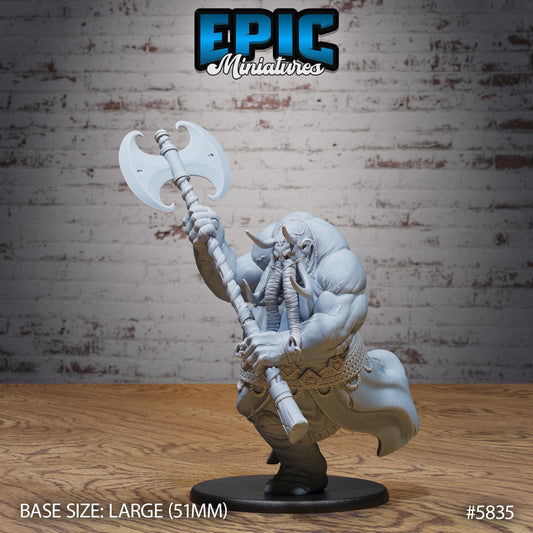 Elder Tusk Loxodon Mind Flayer miniature charging forward with a massive battle axe, depicted with muscular form and detailed robes, designed for Dungeons & Dragons and Pathfinder.