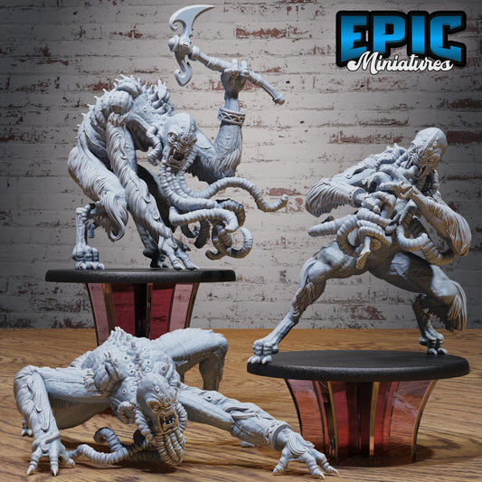 Group of Abominable Mind miniatures – three variations of large aberrations including eating, armed with axe, and crawling poses.
