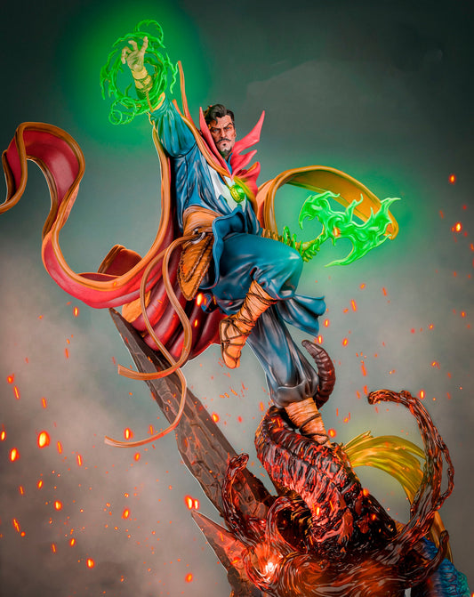 Doctor Strange 1:6 scale figure dynamic angle with glowing green spell, flowing garments, and intricate monster base elements.