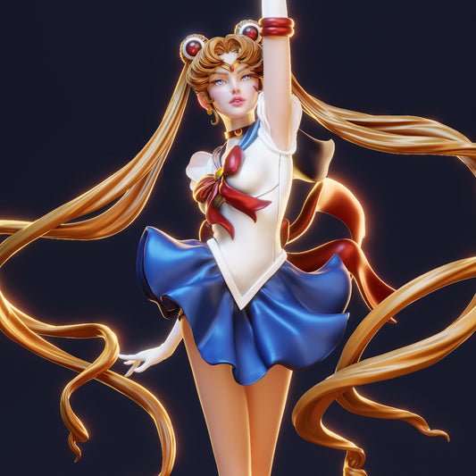 usagi tsukino sailor moon close-up render showing facial expression sailor collar bow details and flowing twin tail hair strands