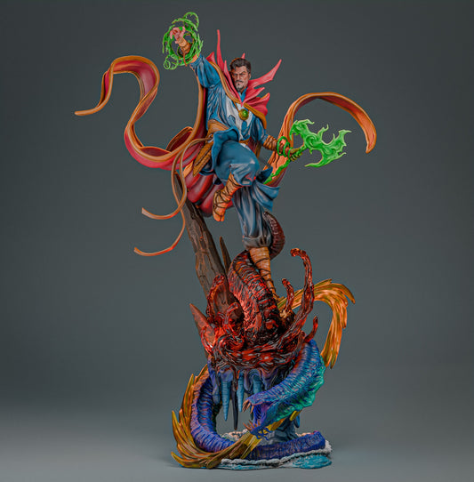 Doctor Strange 1:6 scale figure casting a green magical spell, floating above a demonic creature with swirling cloak and detailed arcane effects.