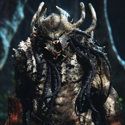 Predator King 1:6 scale figure standing on rocky forest base with bone armor, horned skull helmet, dreadlocks, and bladed gauntlet.