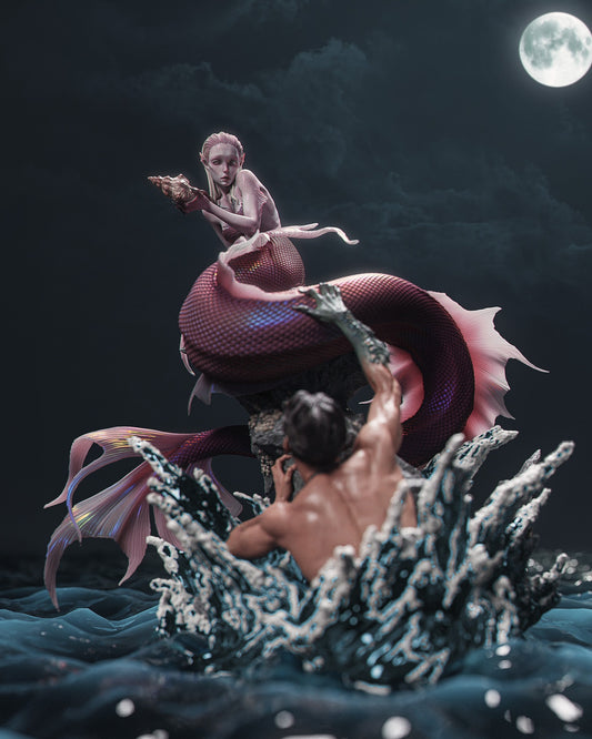 mermaid ca3d 1-6 scale figure full color render showing siren perched on rock with long tail scales fins and drowning man diorama ocean base