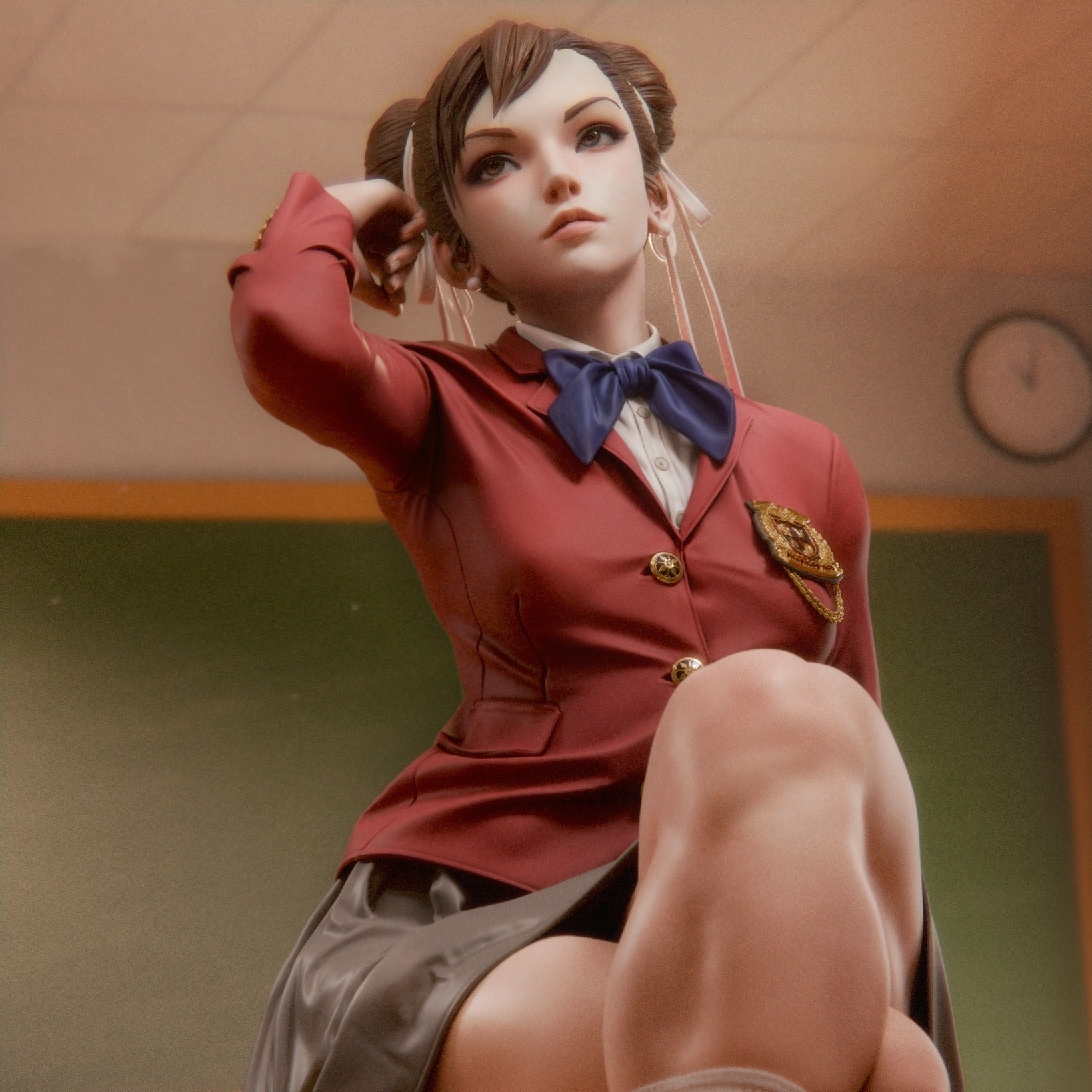 Chun-Li Street Fighter 1:6 scale figure seated on classroom desk with crossed legs, school uniform jacket, skirt, and detailed facial expression.