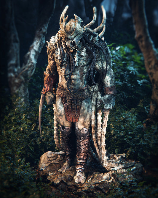 Predator King 1:6 scale figure standing on rocky forest base with bone armor, horned skull helmet, dreadlocks, and bladed gauntlet.