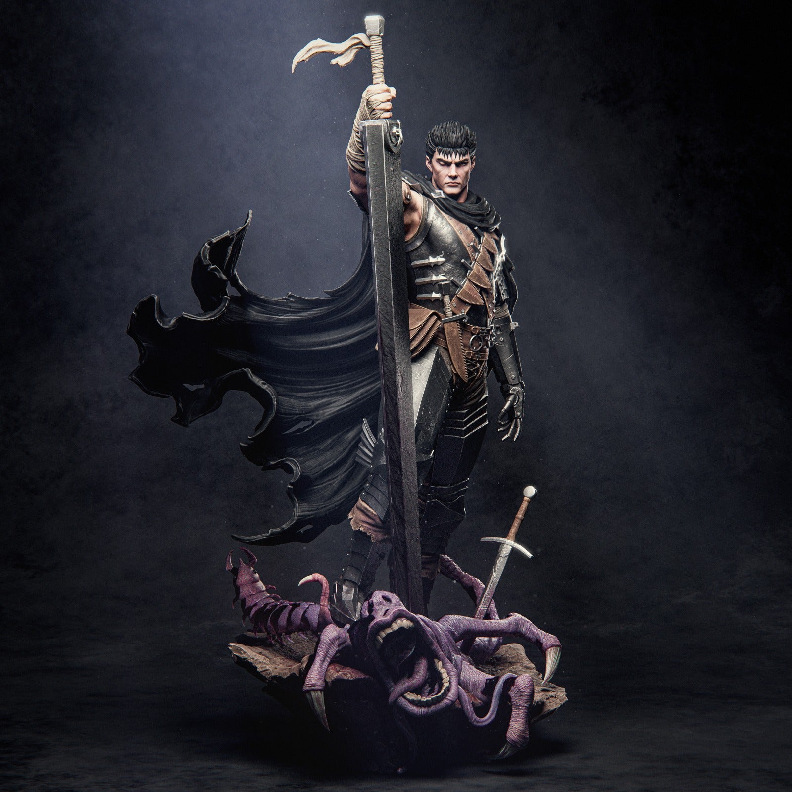 Full figure of Guts from Berserk anime, standing atop a defeated monster with his large sword.