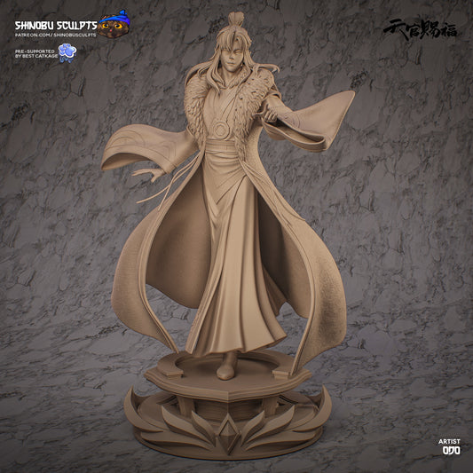 Qi Rong figurine front view, wearing layered robes with fur-trimmed collar and flowing sleeves, standing on ornate lotus base.