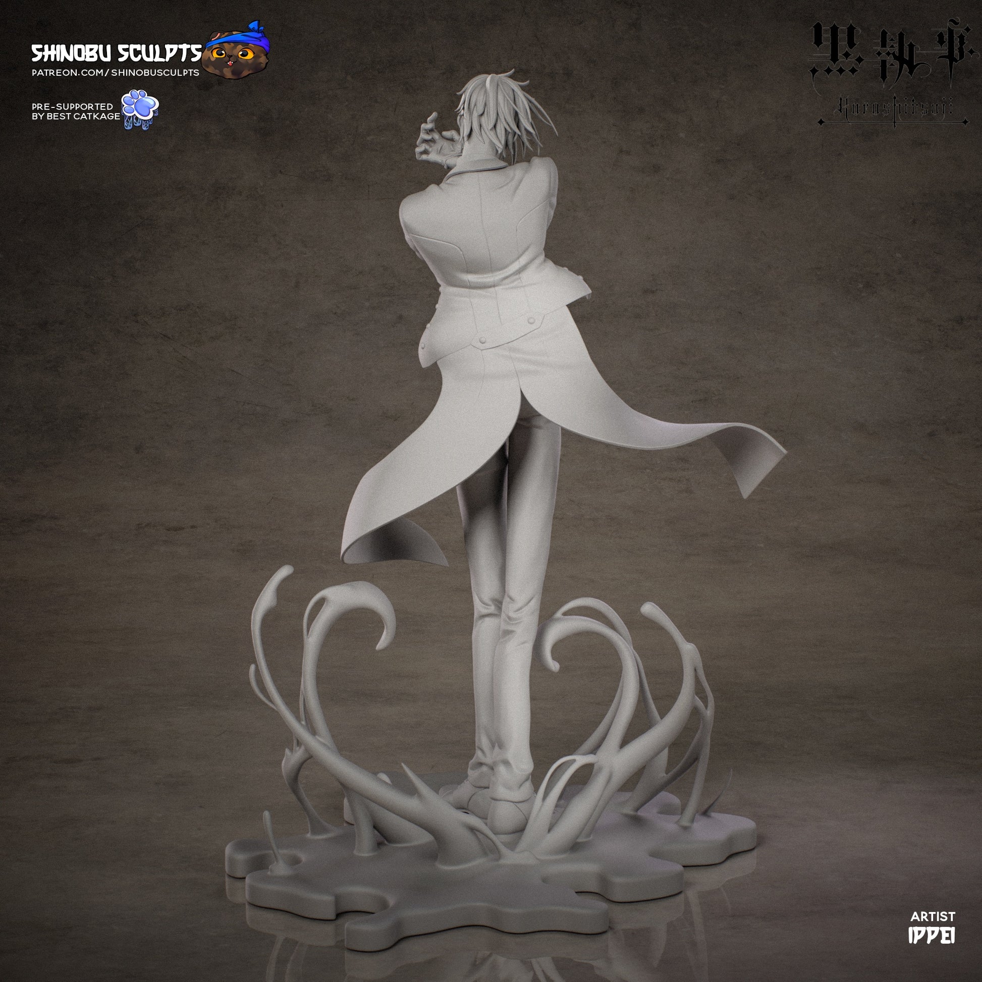 Rear view of Sebastian Michaelis Black Butler 1:8 scale statue with flowing coat and tentacle-like base details.