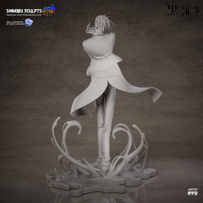 Rear view of Sebastian Michaelis Black Butler 1:8 scale statue with flowing coat and tentacle-like base details.