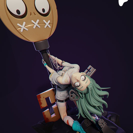 A.B.A Guilty Gear figure bent backward gripping giant key weapon, expressive face, flowing hair, rock base, 1:7 scale collectible