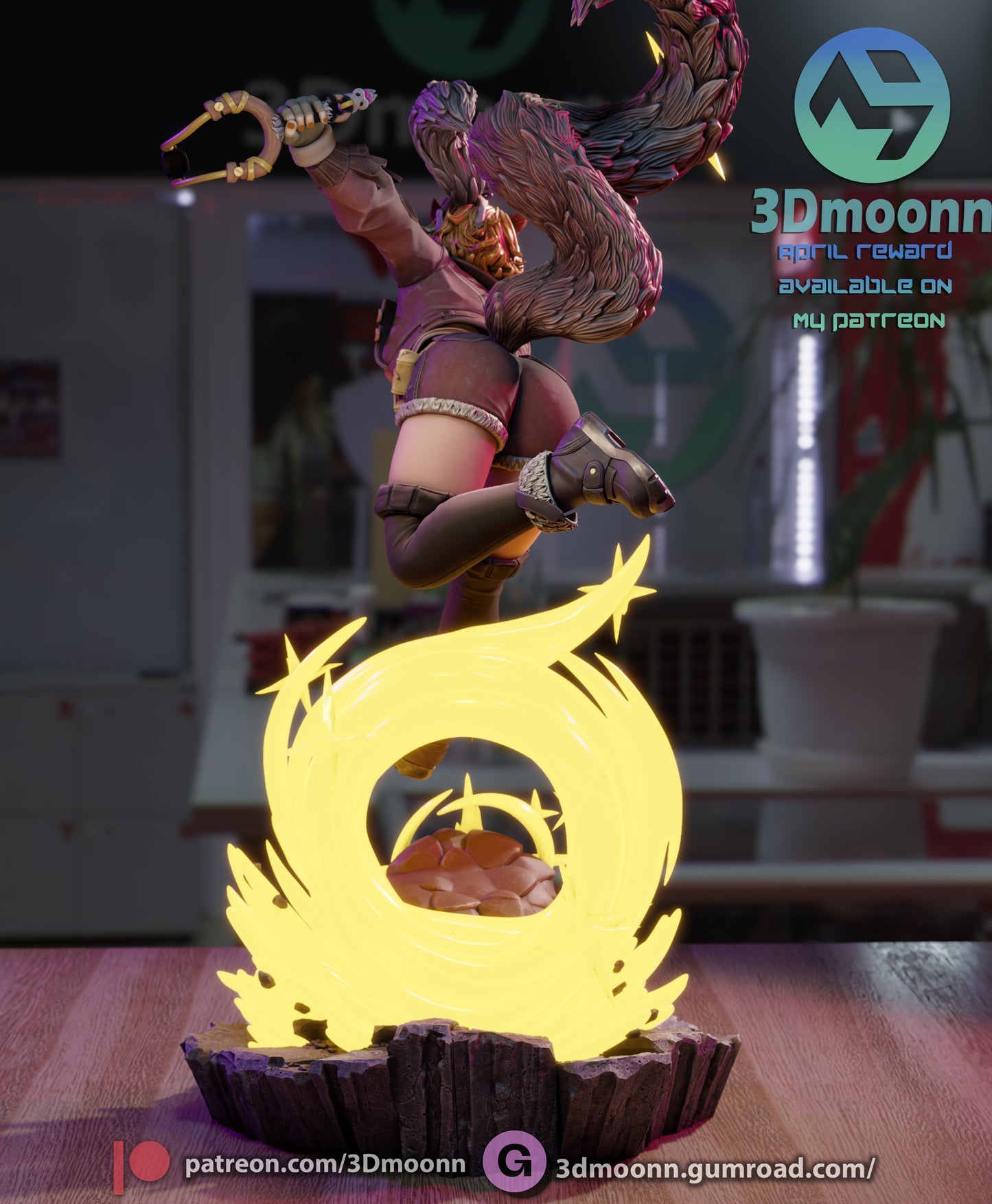 Rear view of the Squirrel Girl figure showcasing her extended leg pose, tail in motion, and circular energy burst at the base.