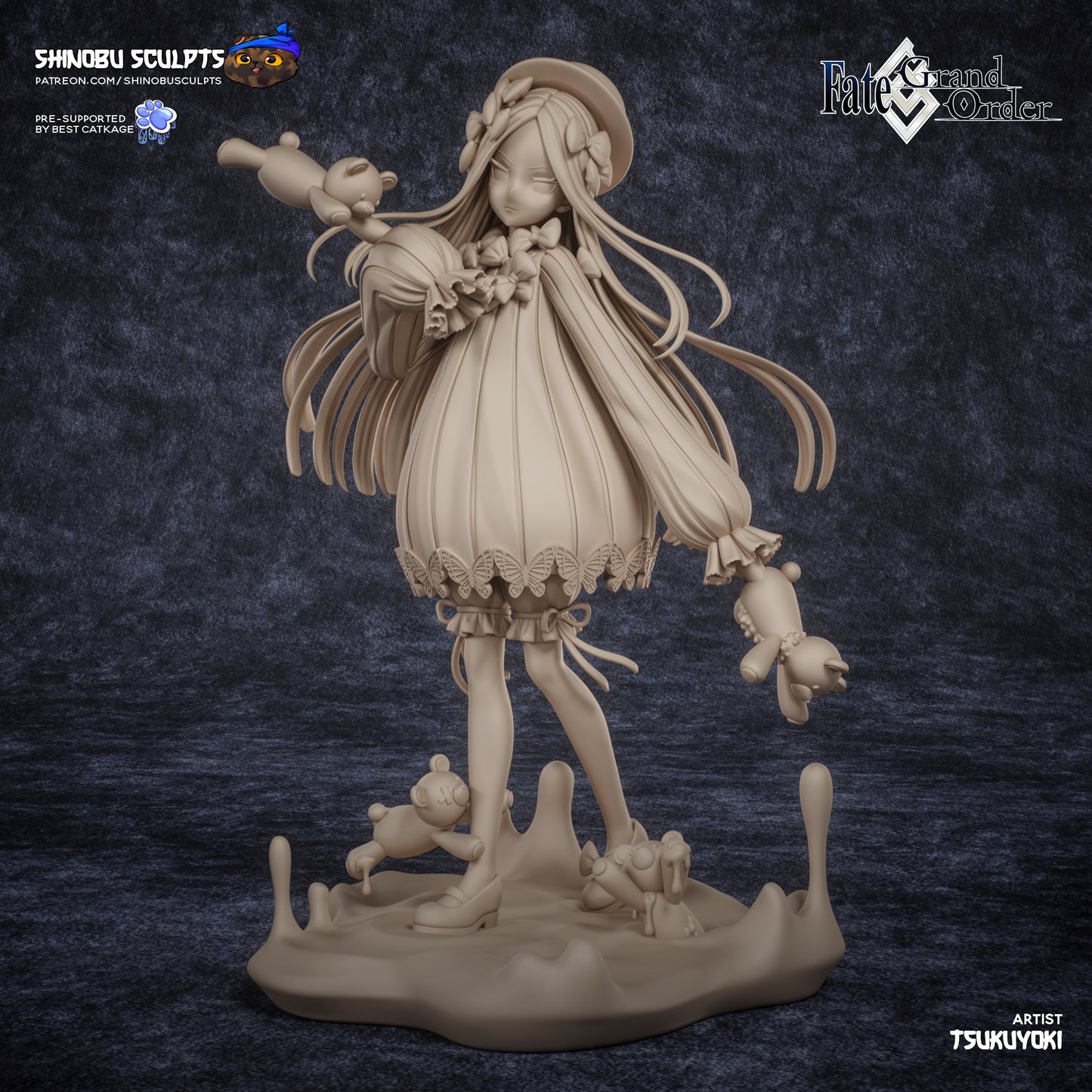 Front view of Abigail Williams 1:8 scale figure from Fate/Grand Order, posed with flowing hair, gothic dress, hat, and teddy bears.