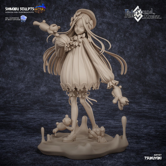 Front view of Abigail Williams 1:8 scale figure from Fate/Grand Order, posed with flowing hair, gothic dress, hat, and teddy bears.