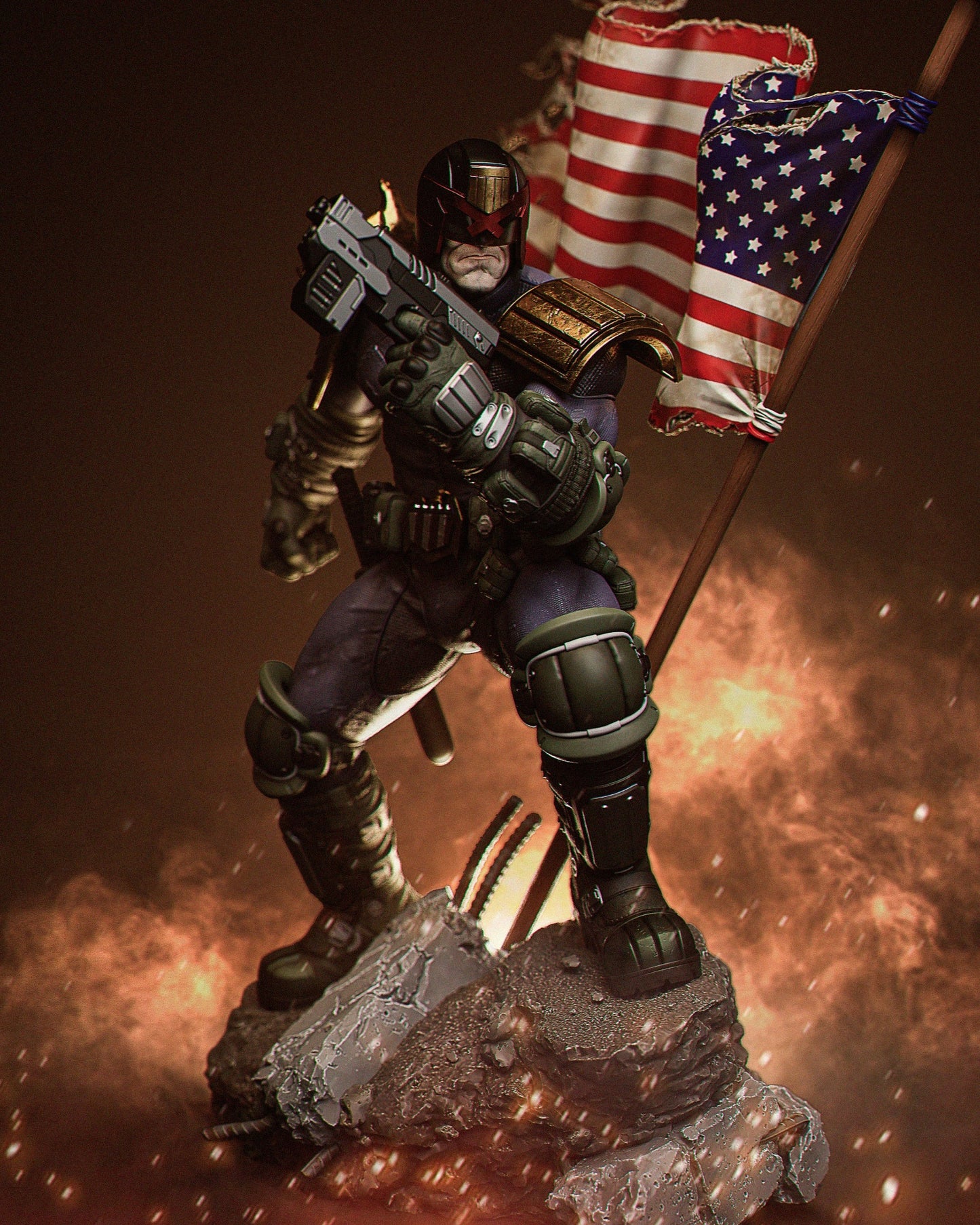 Judge Dredd figure in armored pose aiming gun forward with dual American flags waving behind him, standing on a cracked base.