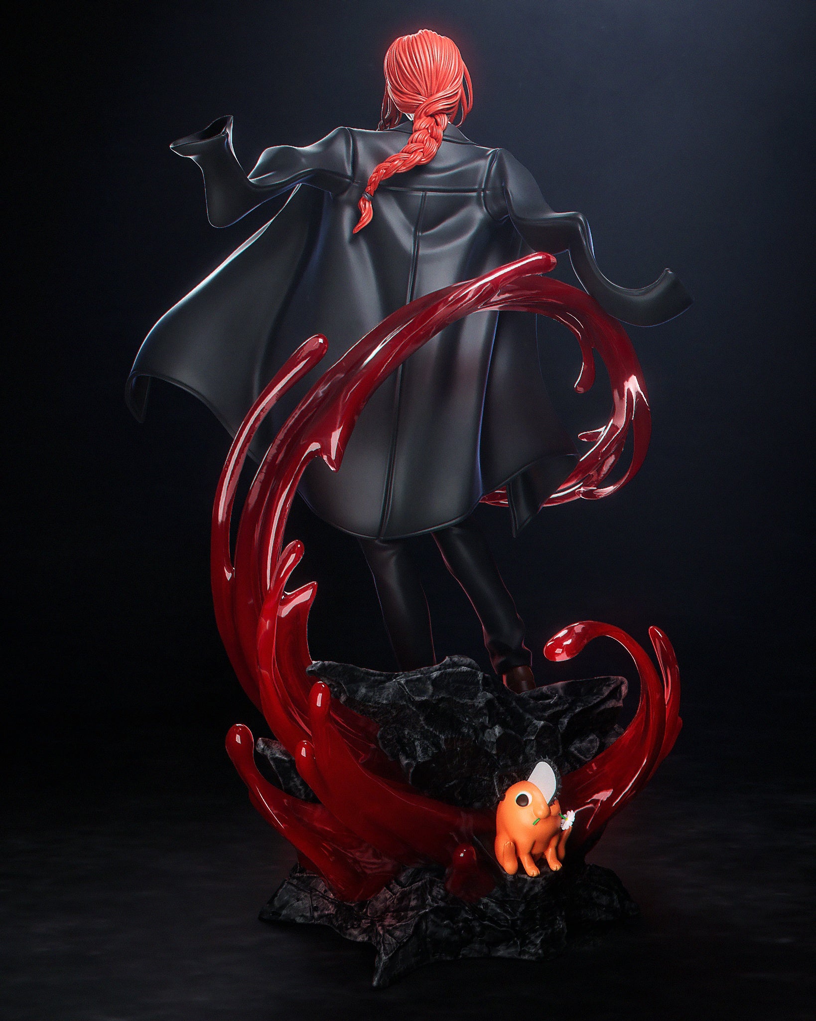 Makima Chainsaw Man figure rear view showing long coat movement and energy swirl base