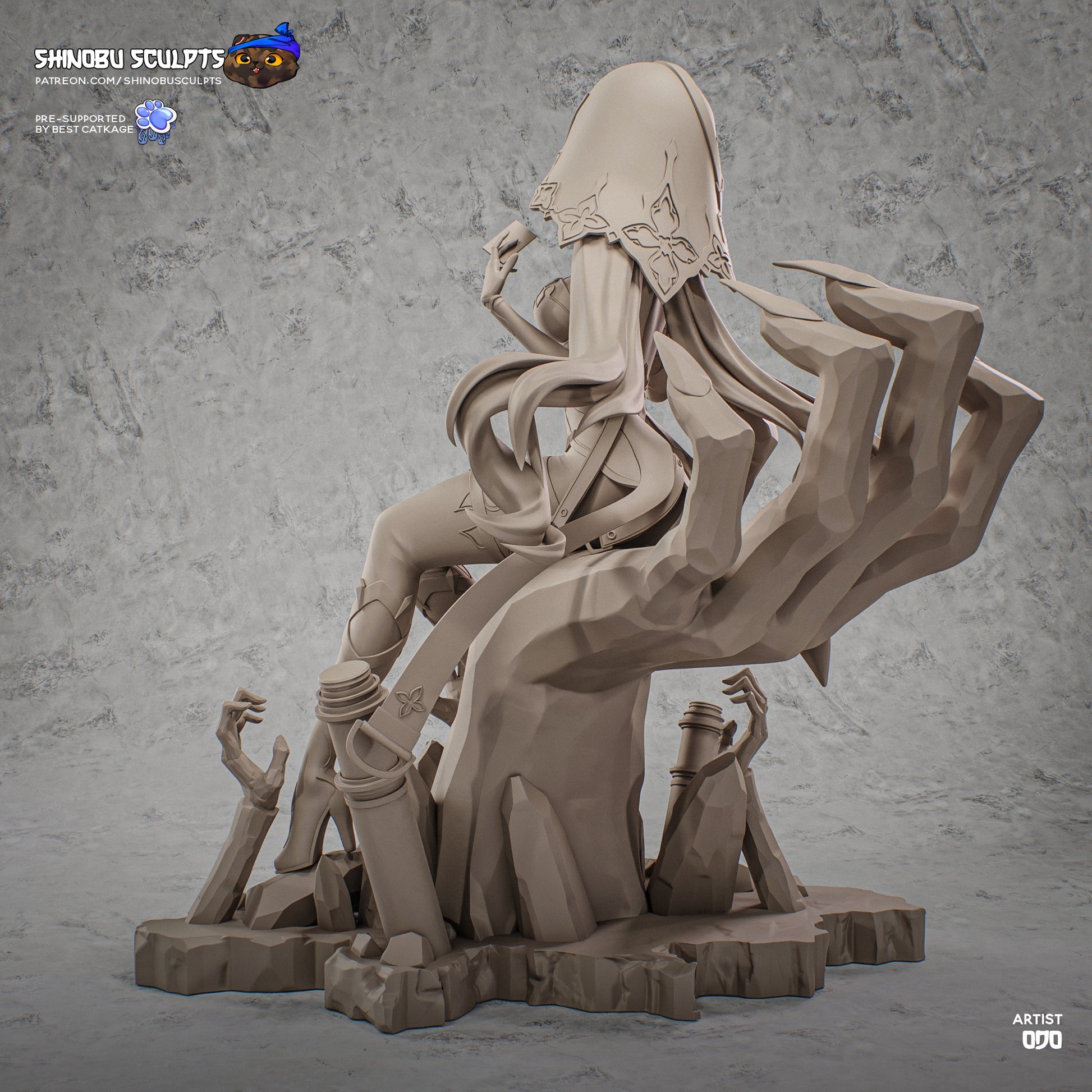 Rear view of unpainted Black Swan figure showing her flowing hair, hooded cloak, and clawed hand throne rising behind her.