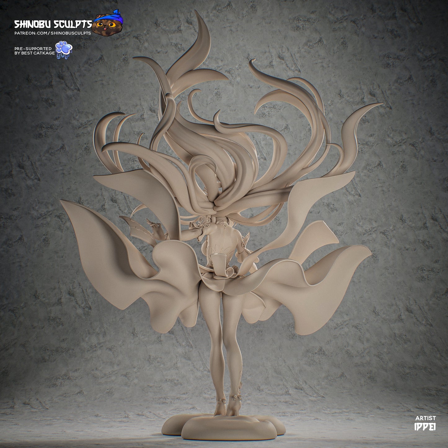 Cyrene Honkai Star Rail 1:8 scale figure back view featuring large sweeping hair, flowing dress panels, detailed sculpted accessories, and balanced pose on display base.
