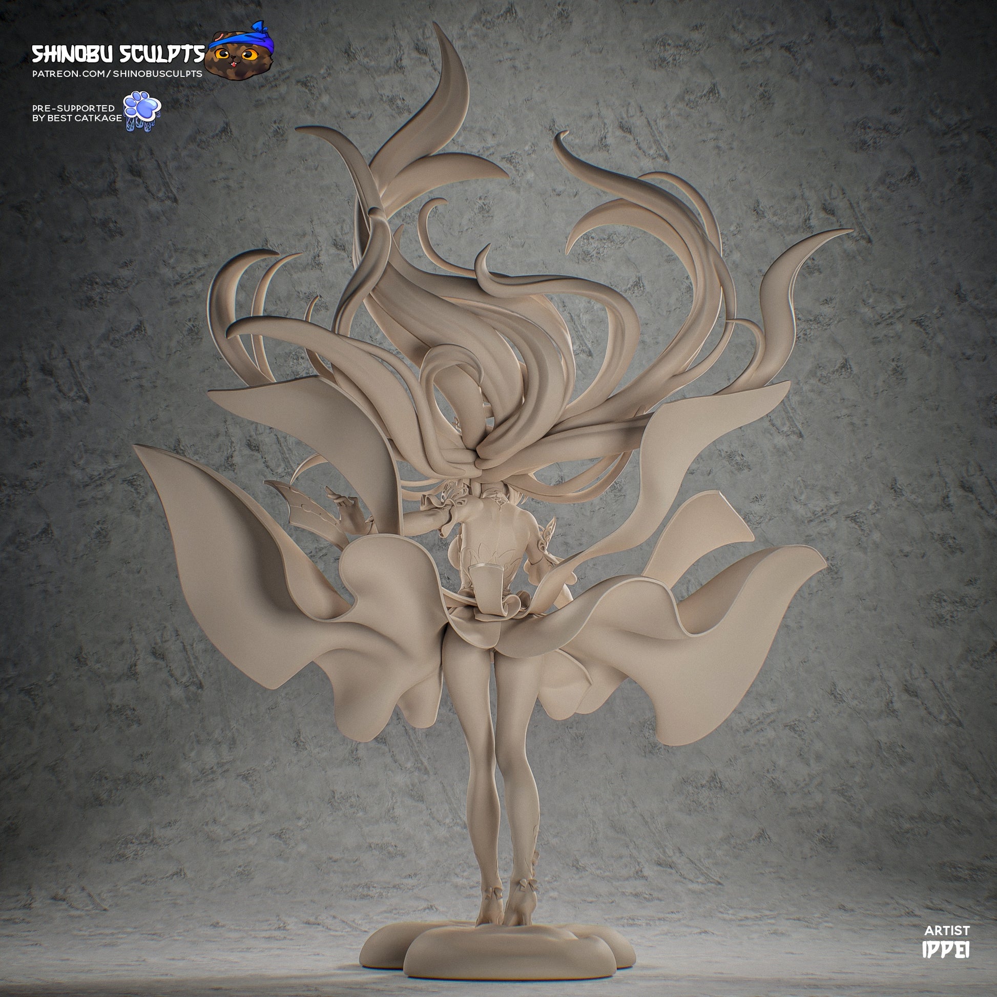 Cyrene Honkai Star Rail 1:8 scale figure back view featuring large sweeping hair, flowing dress panels, detailed sculpted accessories, and balanced pose on display base.