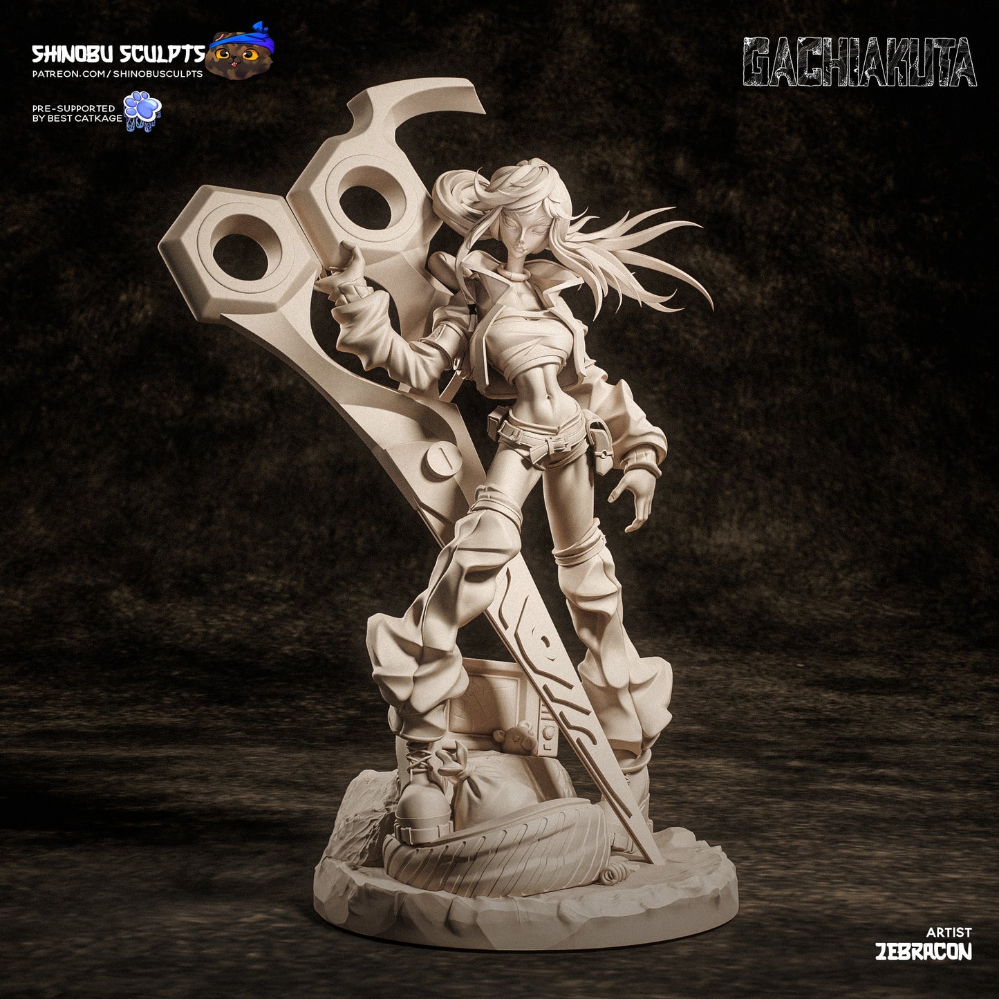 Front view of Riyo Reaper 1:8 scale unpainted statue showing scissor blade weapon, cropped jacket, boots, and dynamic pose.