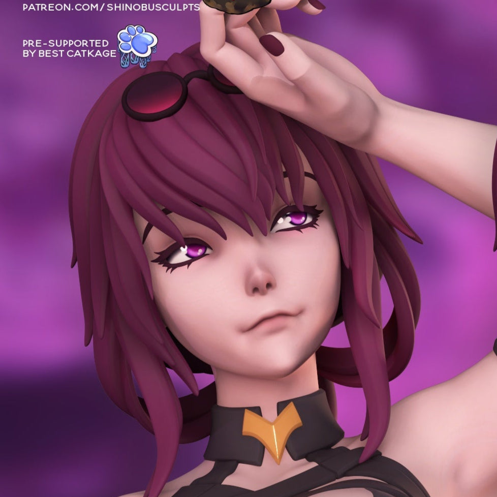 Kafka Honkai Star Rail figure close-up colored renders of two facial expressions with confident smirk and softer look.