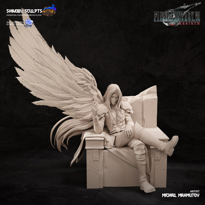 Front unpainted view of Sephiroth statue seated on throne, showing wing detail, flowing hair, and iconic outfit.