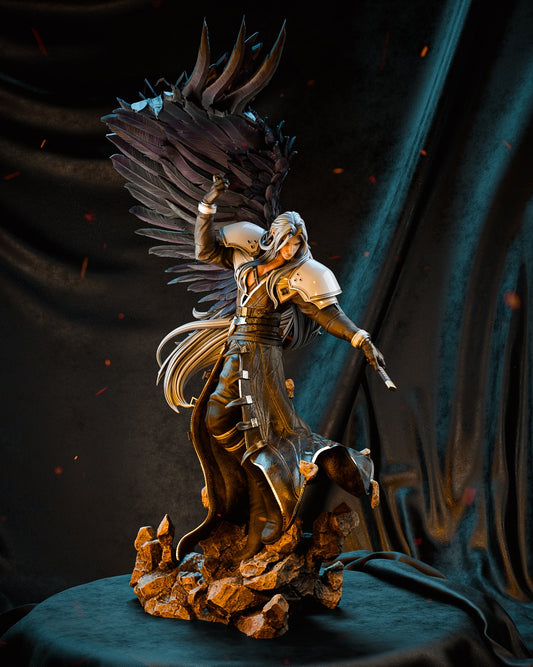 Painted render of Sephiroth collectible figure with one black wing extended, standing on a rocky base with arm raised dramatically.