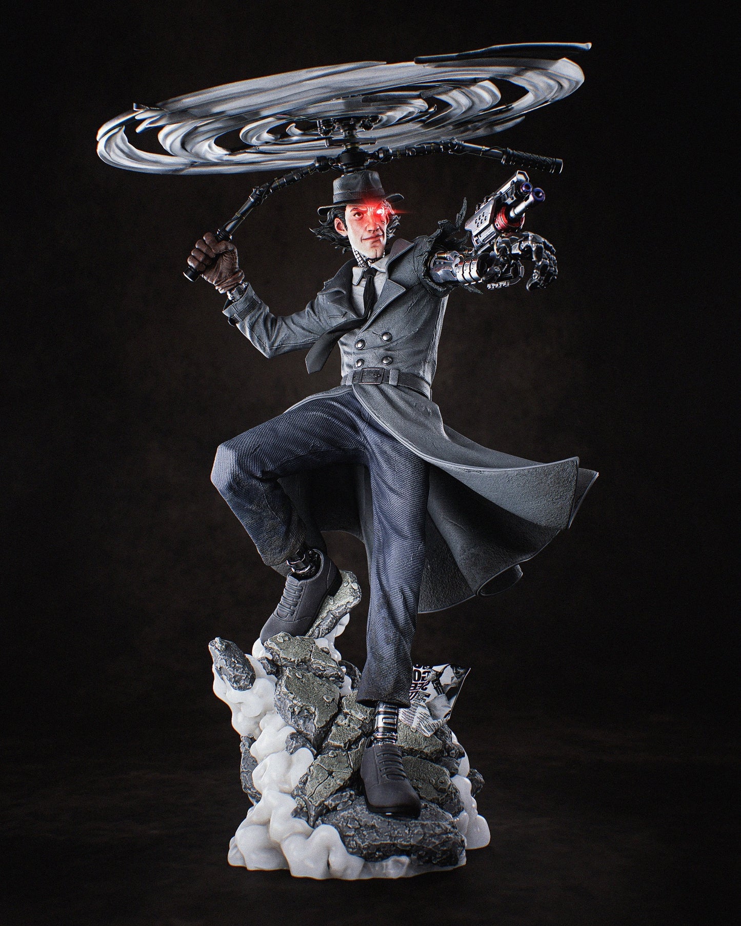 Full front view of Inspector Gadget collectible figure with helicopter hat and robotic arm cannon, in flying pose on rubble base.