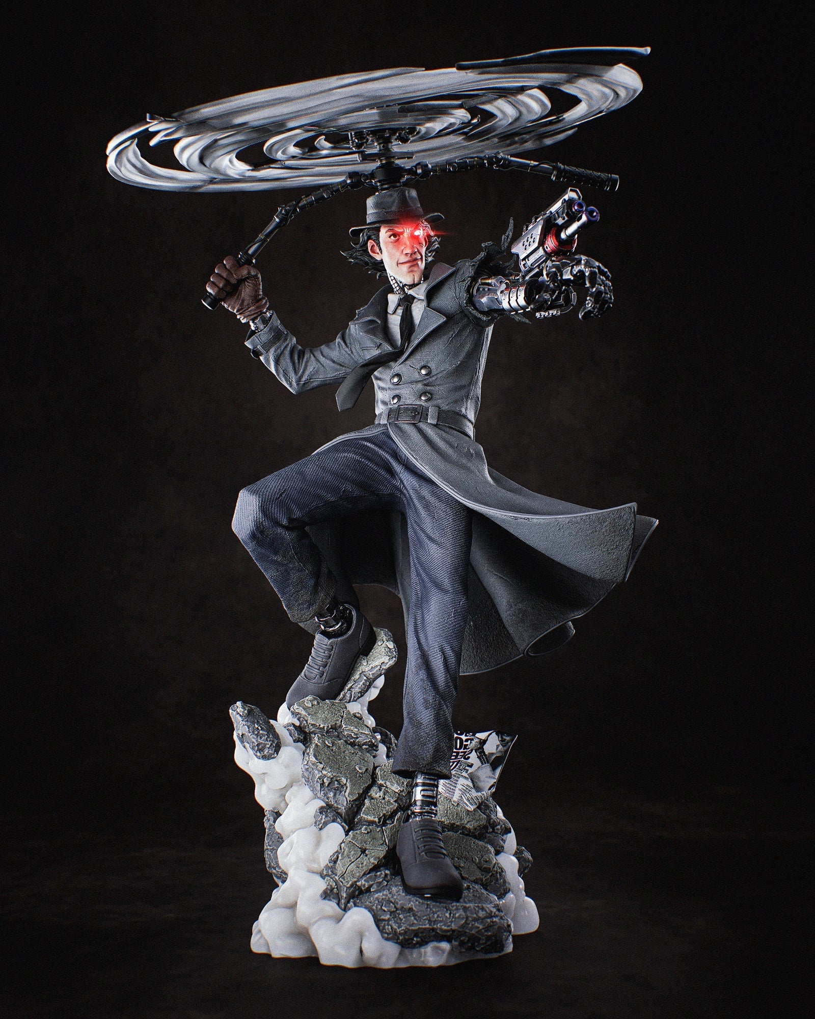 Full front view of Inspector Gadget collectible figure with helicopter hat and robotic arm cannon, in flying pose on rubble base.