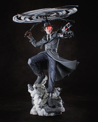 Full front view of Inspector Gadget collectible figure with helicopter hat and robotic arm cannon, in flying pose on rubble base.