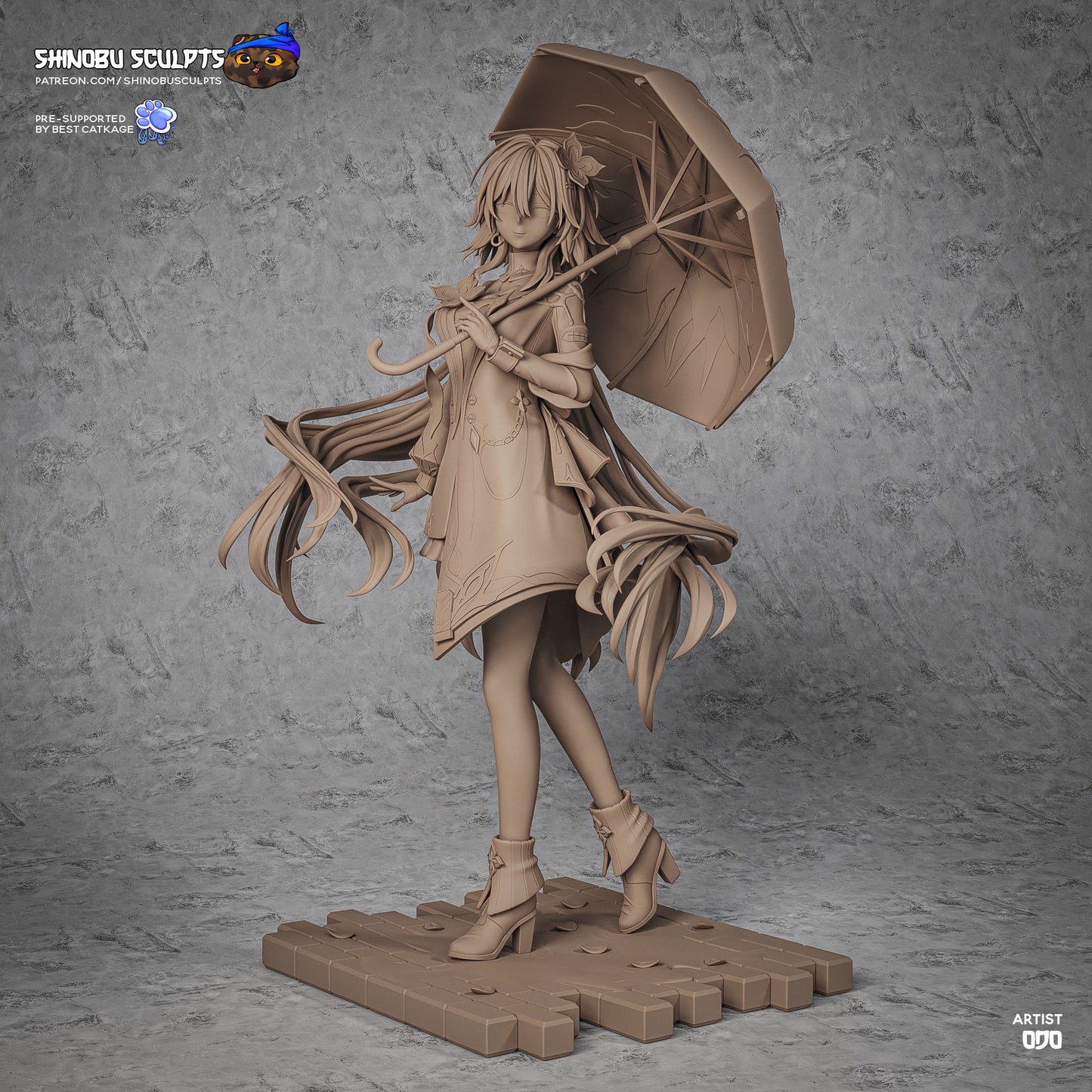 Everknight Honkai Star Rail 1:8 scale collectible figure front view holding umbrella standing on stone base