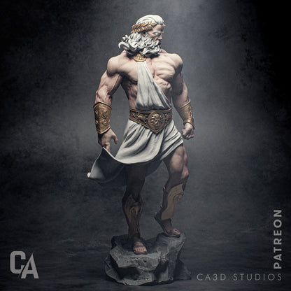 Side view of Zeus collectible figurine emphasizing his muscular build and ornate golden accents.