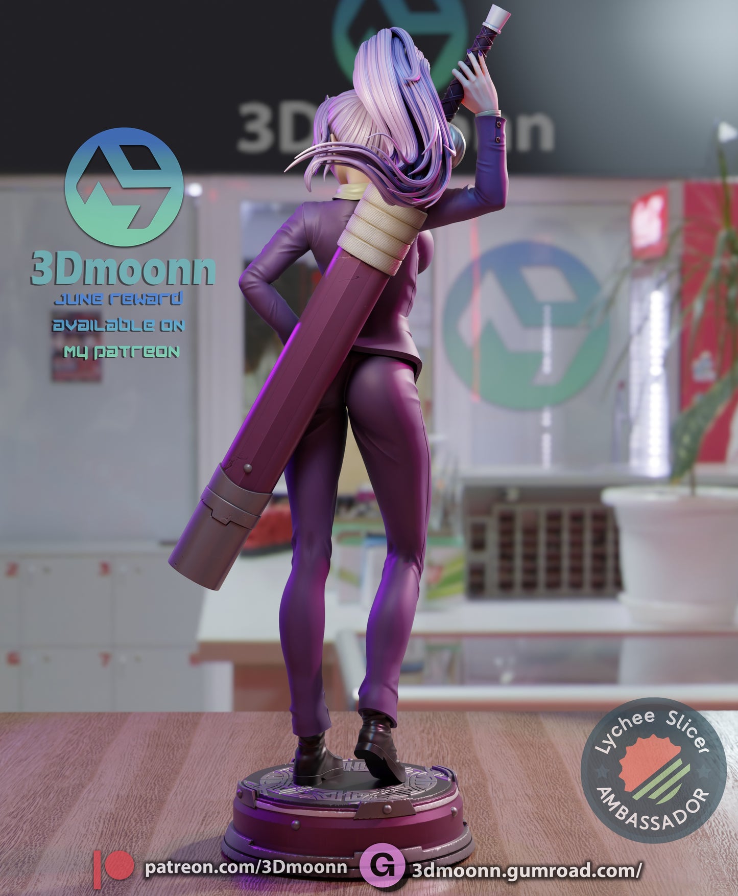 Rear view of Shion figure showing long purple ponytail and full sword sheath detail.