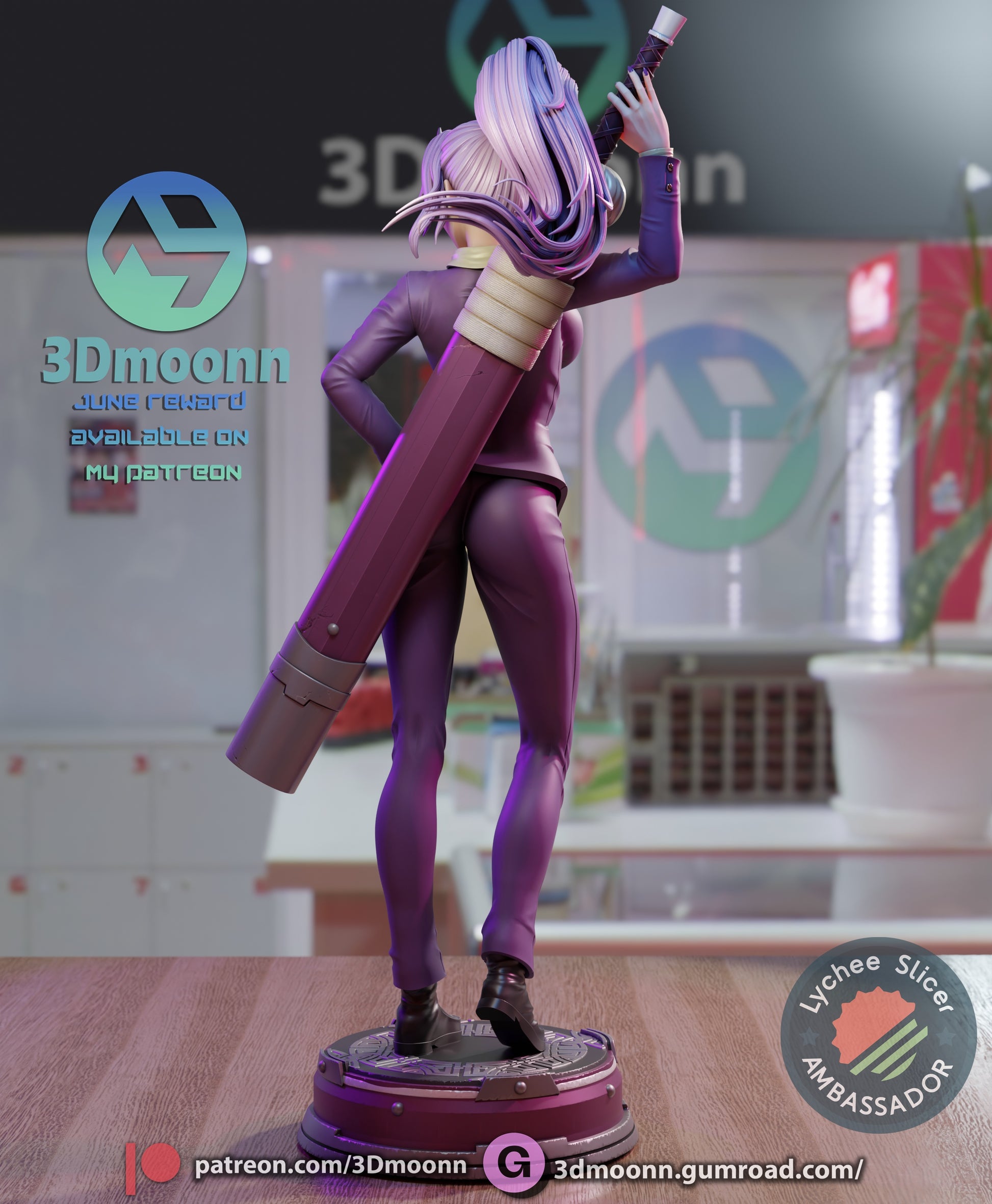 Rear view of Shion figure showing long purple ponytail and full sword sheath detail.