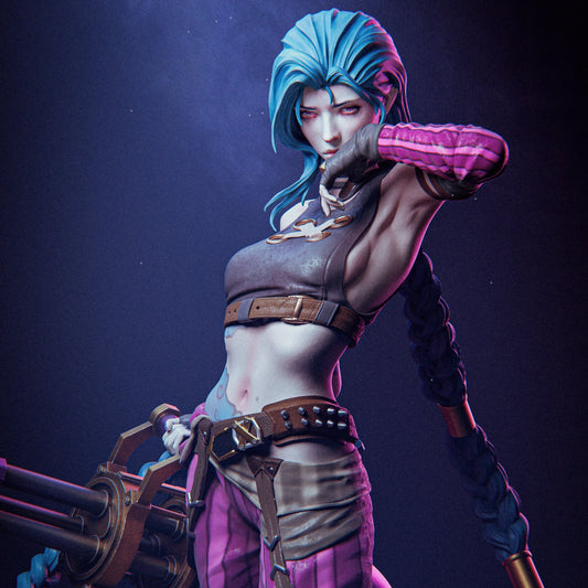 Jinx – Close-Up Portrait: Detailed view of Jinx’s upper body showing her mischievous expression and outfit textures.