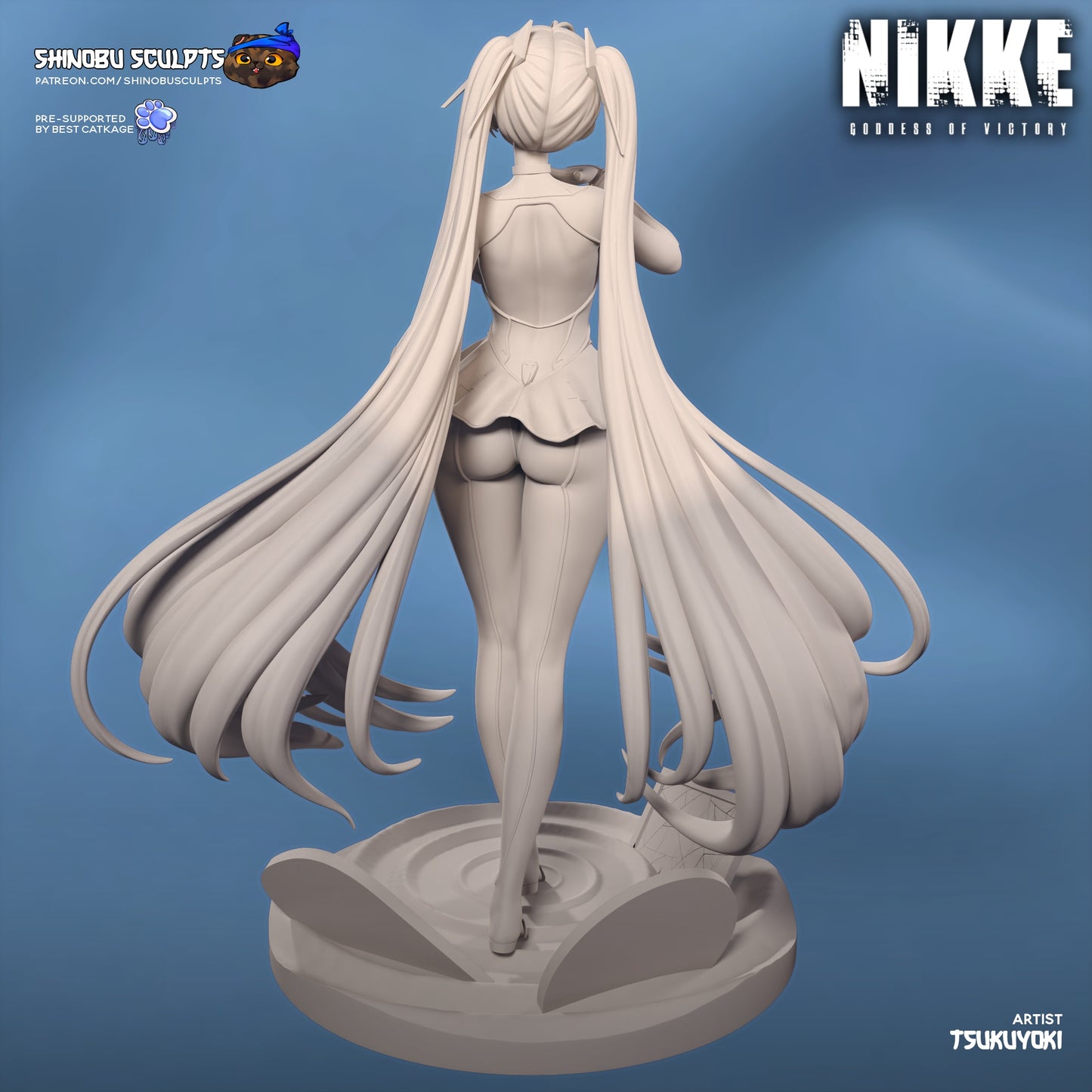 Cinderella Nikke collectible statue unpainted rear view highlighting long twin-tail hair sculpt and fitted bodysuit design.