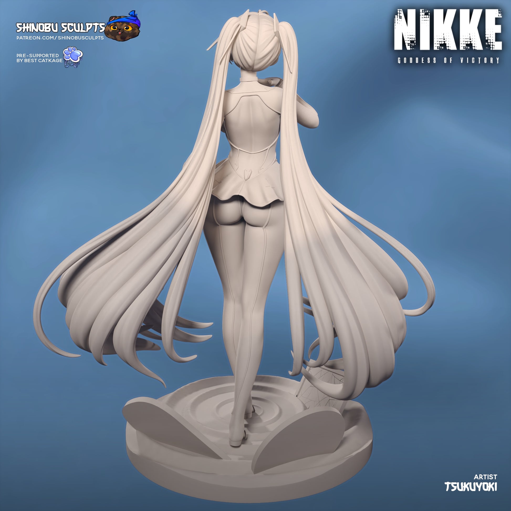 Cinderella Nikke collectible statue unpainted rear view highlighting long twin-tail hair sculpt and fitted bodysuit design.