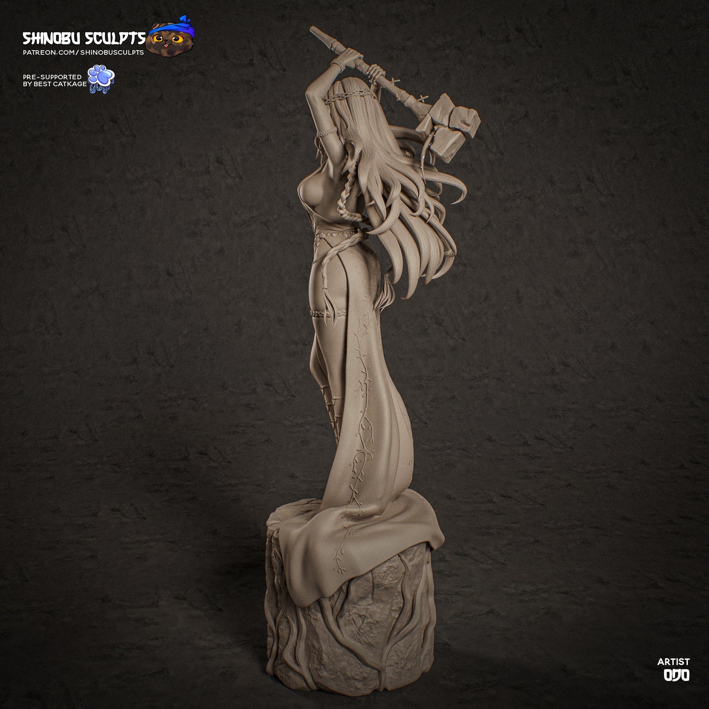 Marika Elden Ring 1:8 scale statue side angle showing hair movement, arm positioning, fabric sculpt, and detailed pedestal textures.