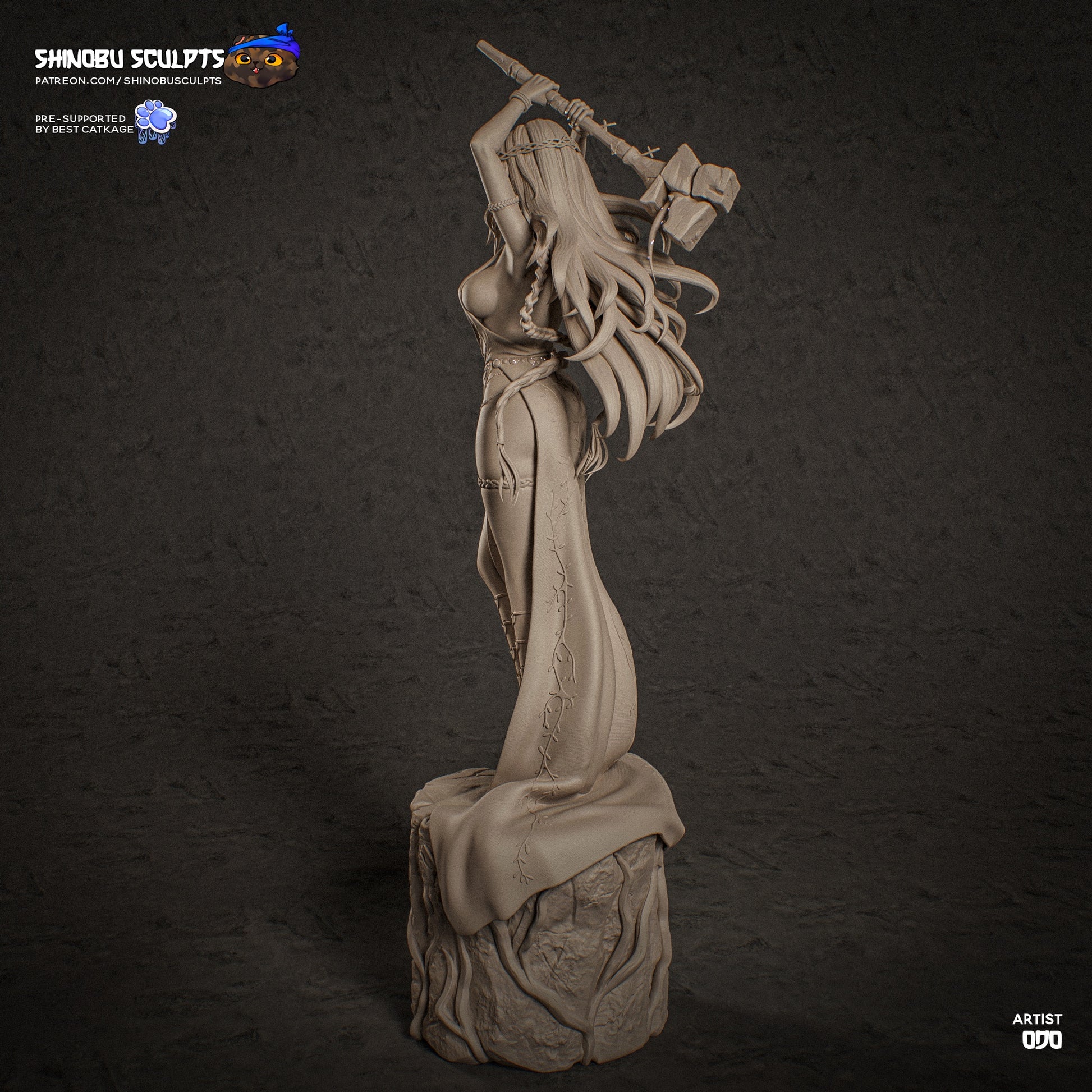 Marika Elden Ring 1:8 scale statue side angle showing hair movement, arm positioning, fabric sculpt, and detailed pedestal textures.