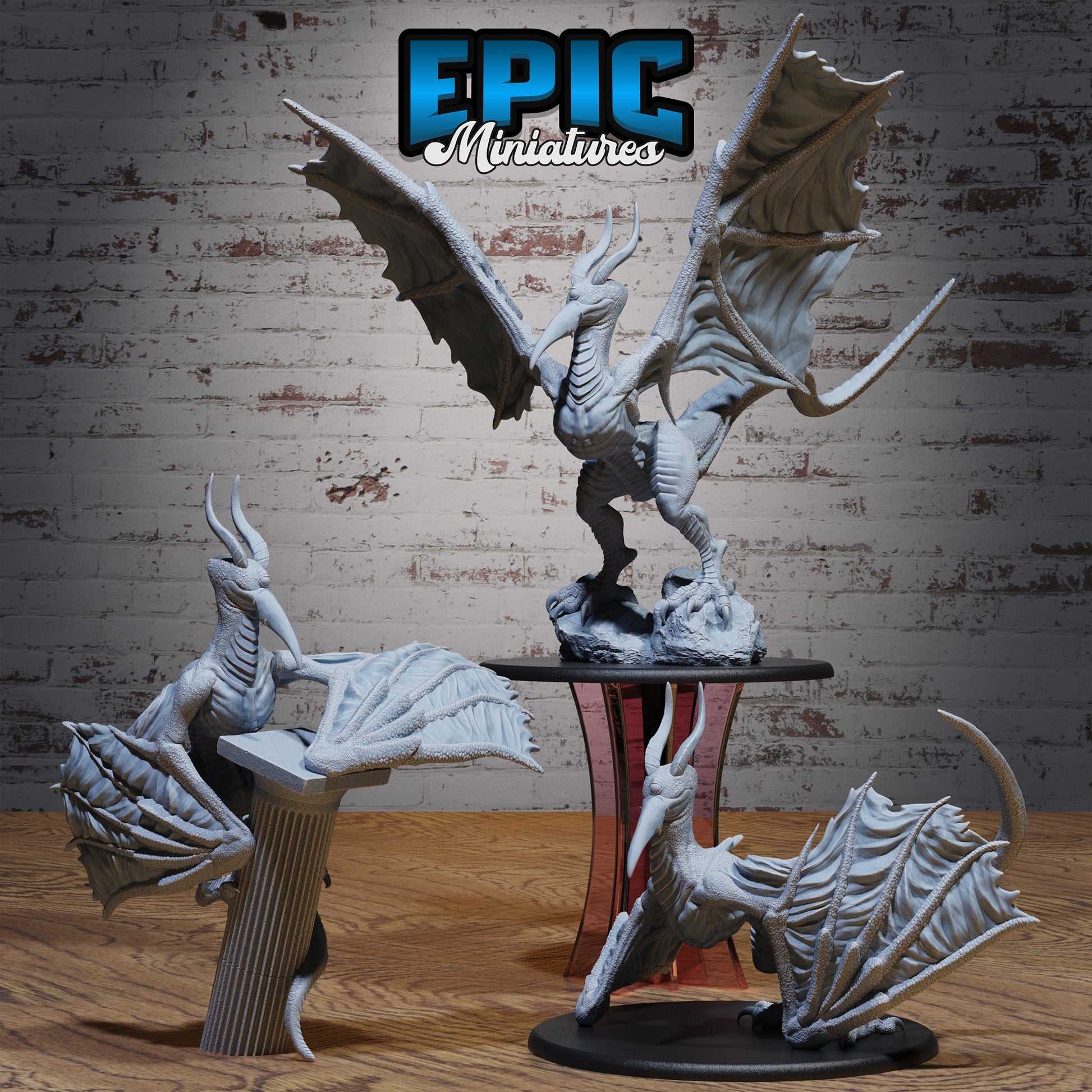 Cyclops wyvern monster miniature trio grounded pose attack pose column perch pose resin tabletop miniature for Dungeons and Dragons