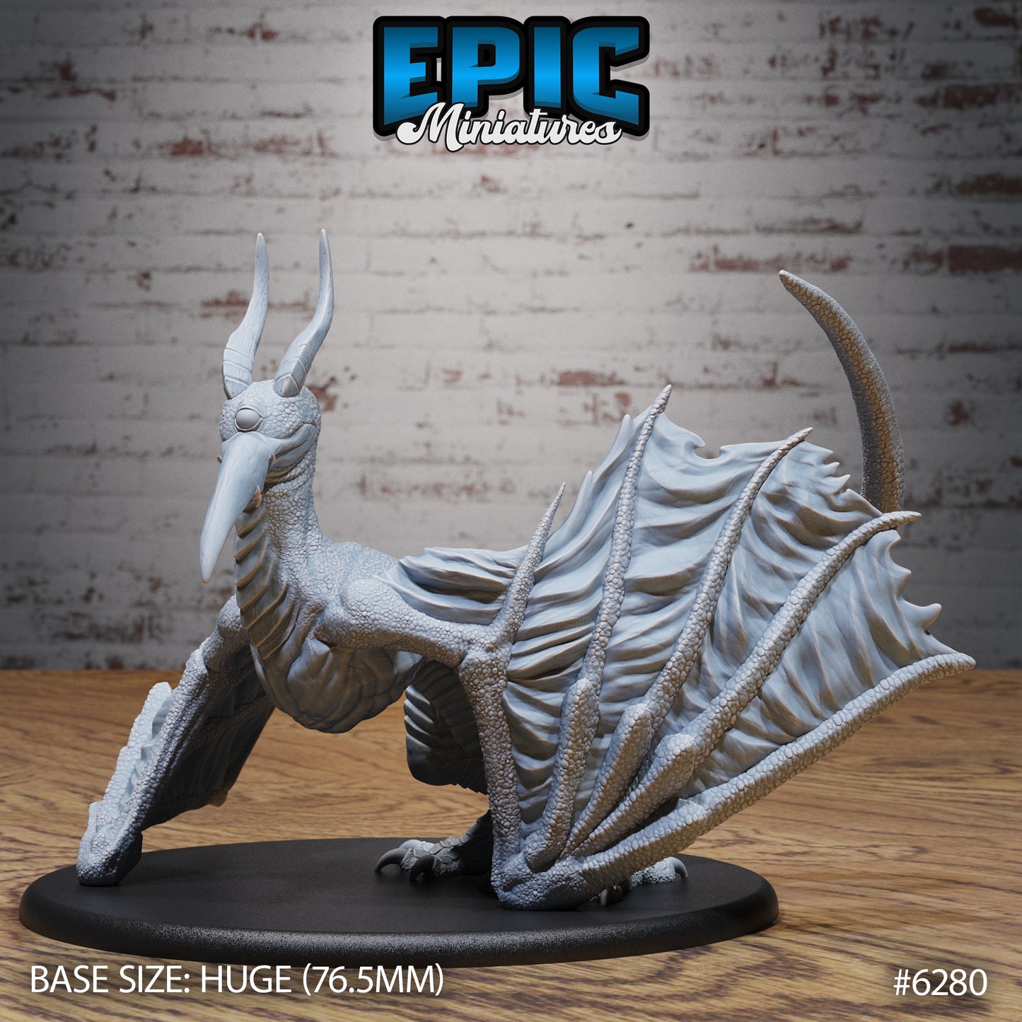 Cyclops wyvern monster miniature grounded pose single eye horned head folded wings barbed tail Dungeons and Dragons resin miniature huge base