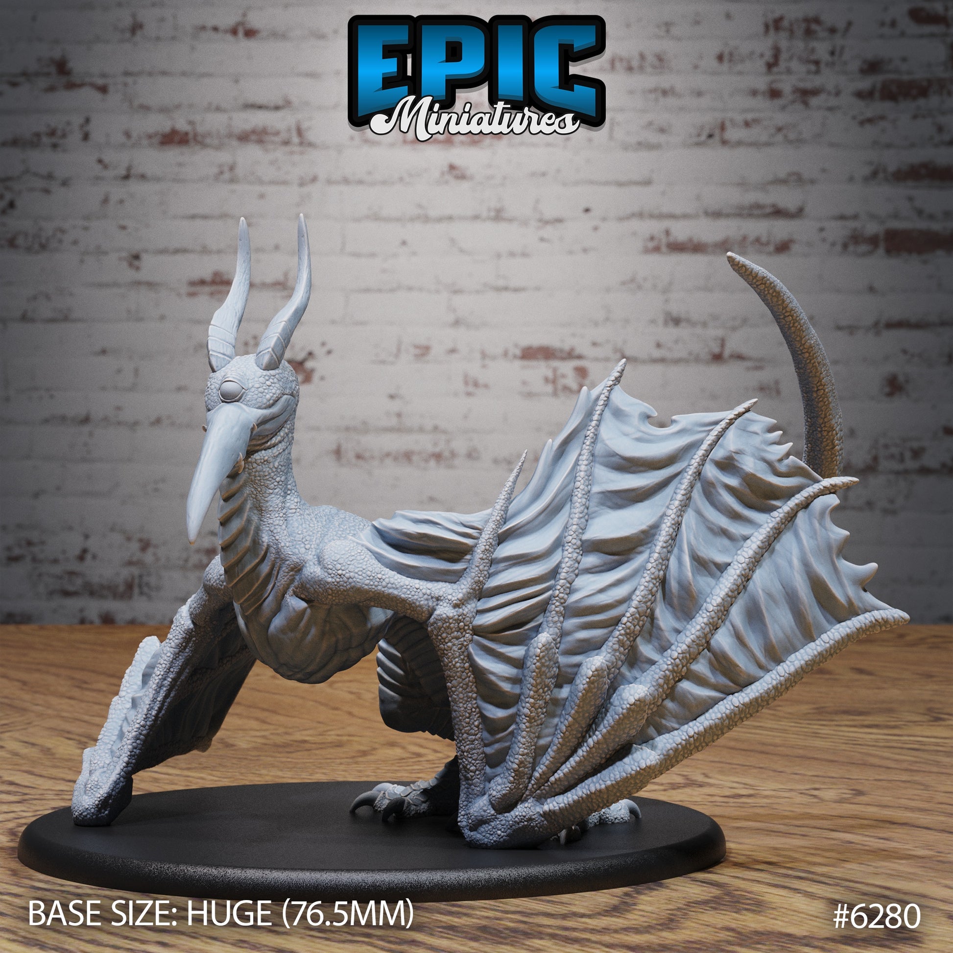 Cyclops wyvern monster miniature grounded pose single eye horned head folded wings barbed tail Dungeons and Dragons resin miniature huge base