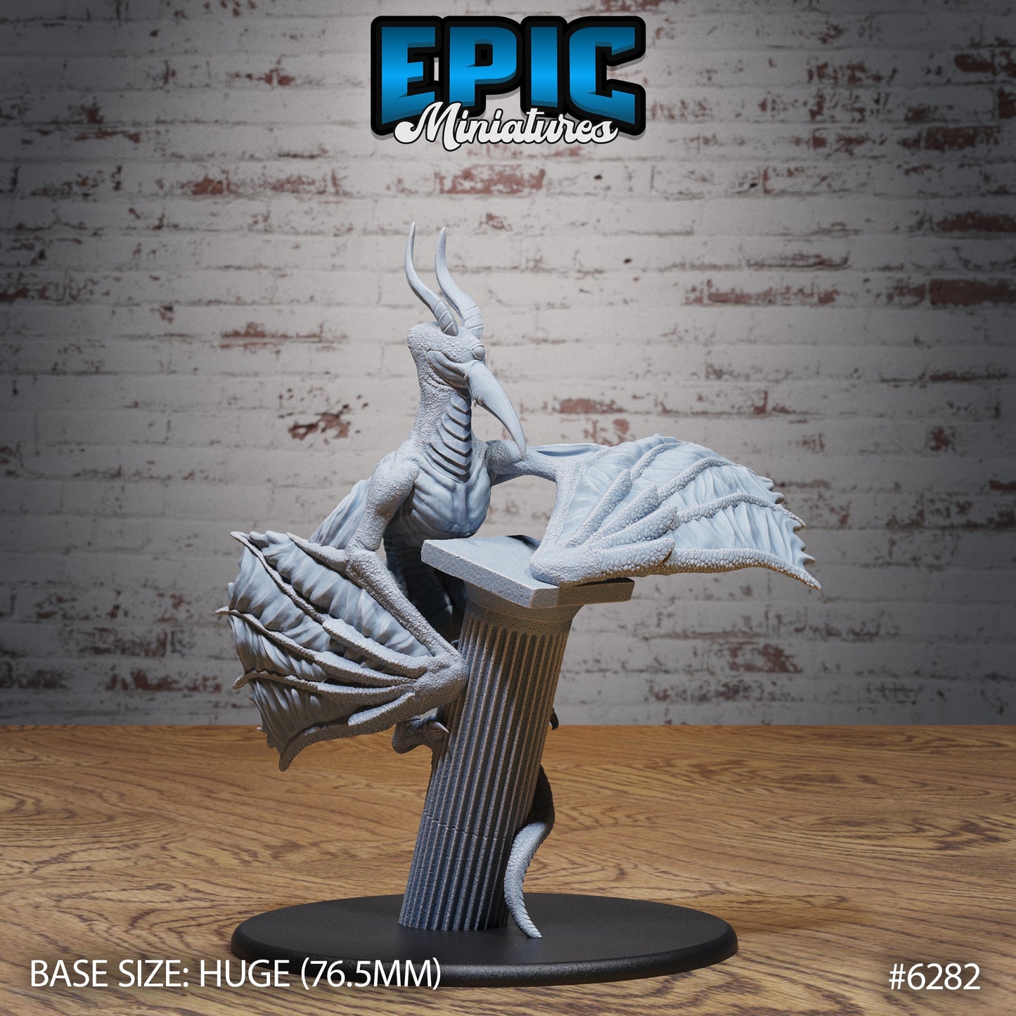 Cyclops wyvern monster miniature perched on broken stone column wings extended single eye horned dragon Dungeons and Dragons resin miniature huge base