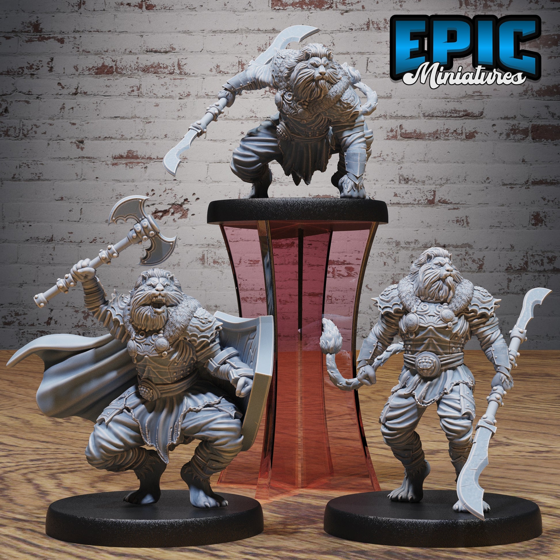 Leonin fighter miniature trio standing pose roaring axe pose crouched battle stance resin tabletop miniature for Dungeons and Dragons
