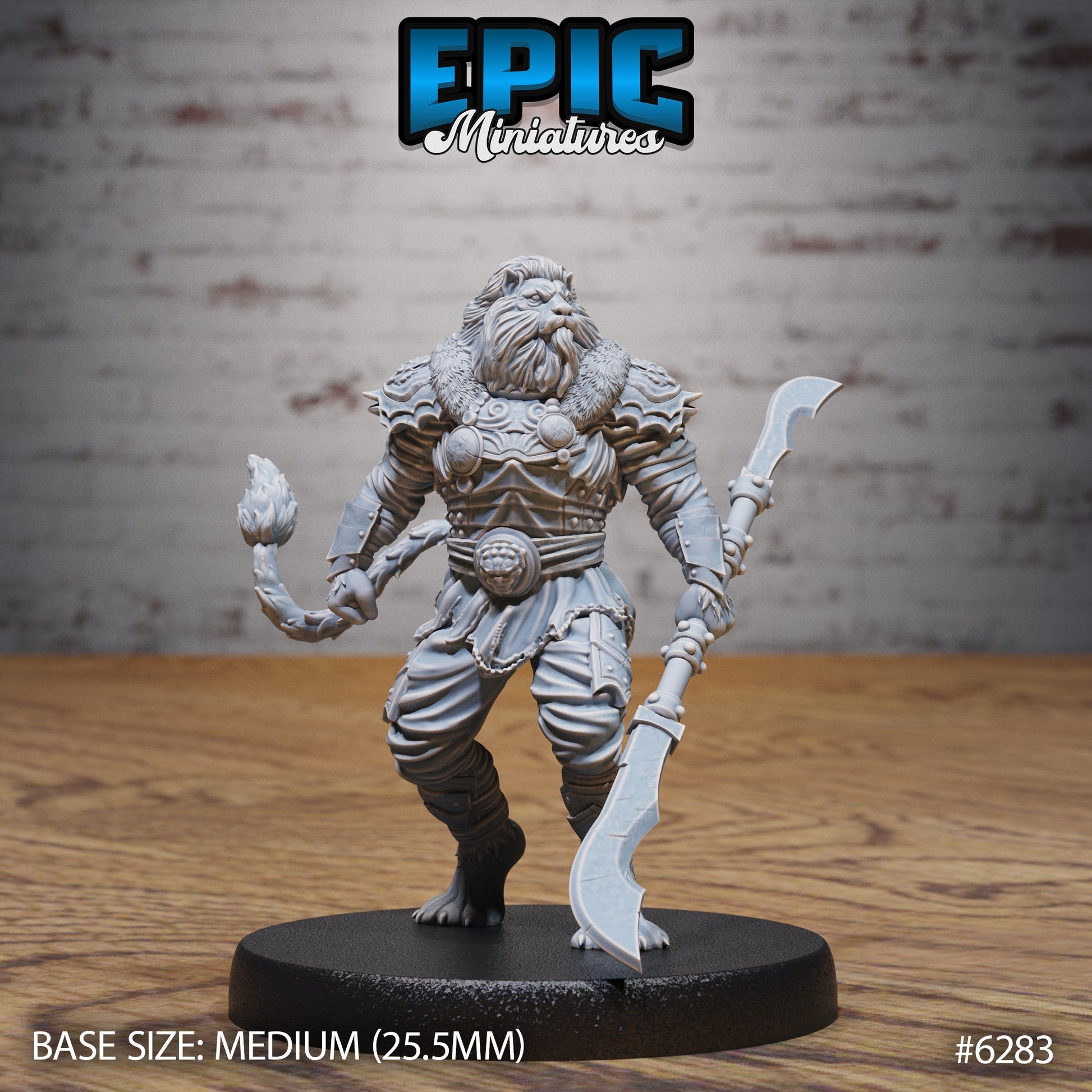 Leonin fighter miniature standing pose holding curved polearm lionfolk warrior armored Dungeons and Dragons resin tabletop miniature medium base