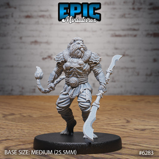 Leonin fighter miniature standing pose holding curved polearm lionfolk warrior armored Dungeons and Dragons resin tabletop miniature medium base