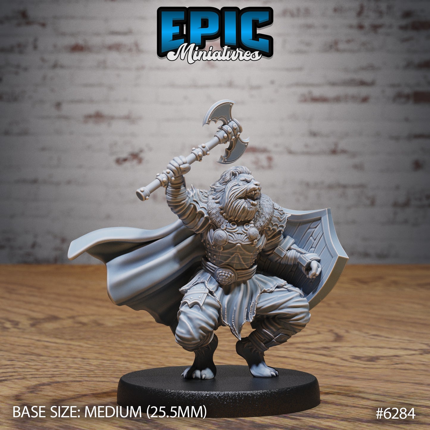 Leonin fighter miniature roaring pose raising double bladed axe with shield lionfolk king armored Dungeons and Dragons resin tabletop miniature medium base